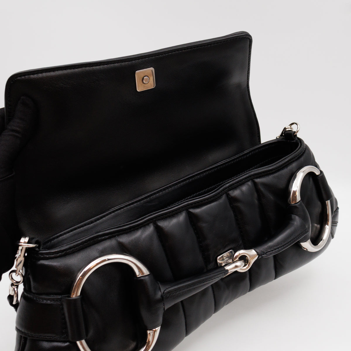 Horsebit Chain Medium Shoulder Bag Black Quilted Lambskin Leather