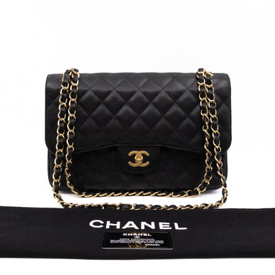 Classic Double Flap Jumbo Black Caviarskin Leather Gold