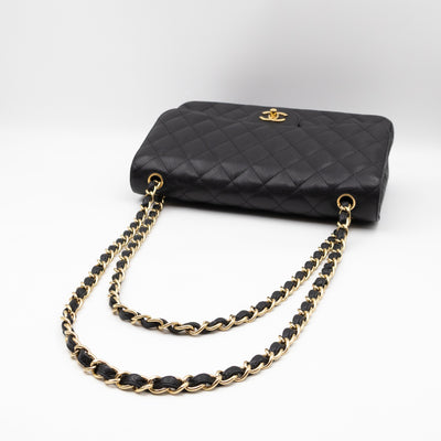 Classic Double Flap Jumbo Black Caviarskin Leather Gold
