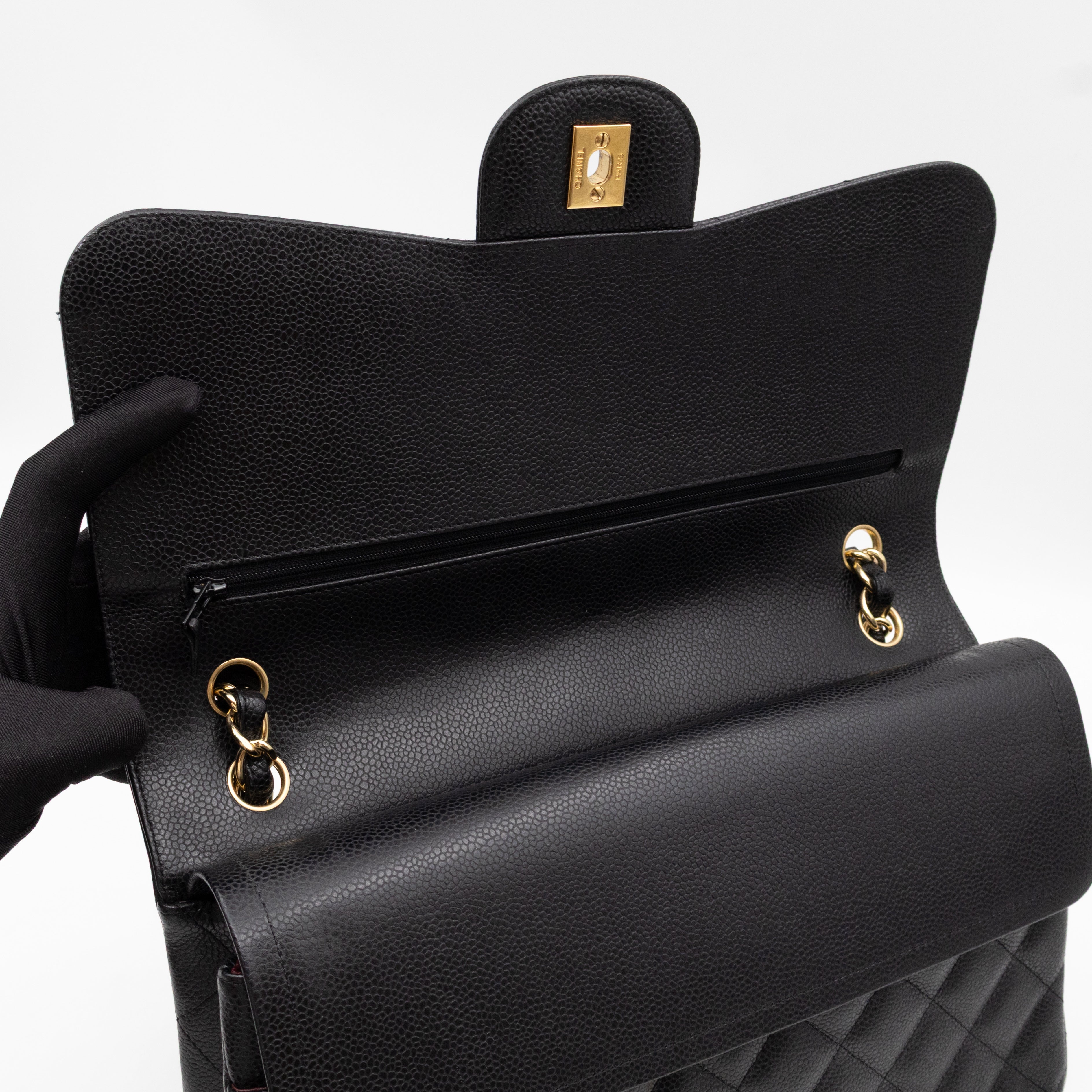 Classic Double Flap Jumbo Black Caviarskin Leather Gold