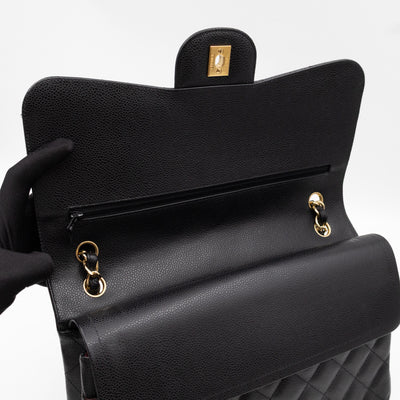 Classic Double Flap Jumbo Black Caviarskin Leather Gold