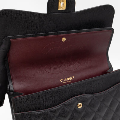 Classic Double Flap Jumbo Black Caviarskin Leather Gold