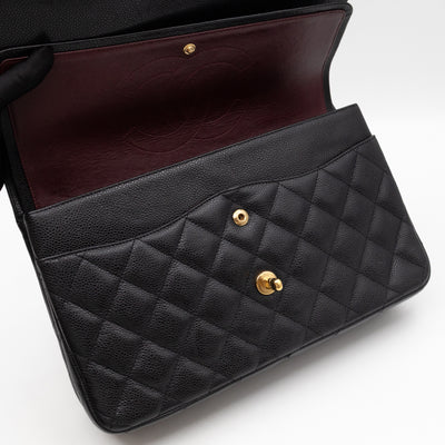 Classic Double Flap Jumbo Black Caviarskin Leather Gold