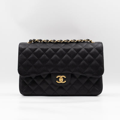 Classic Double Flap Jumbo Black Caviarskin Leather Gold