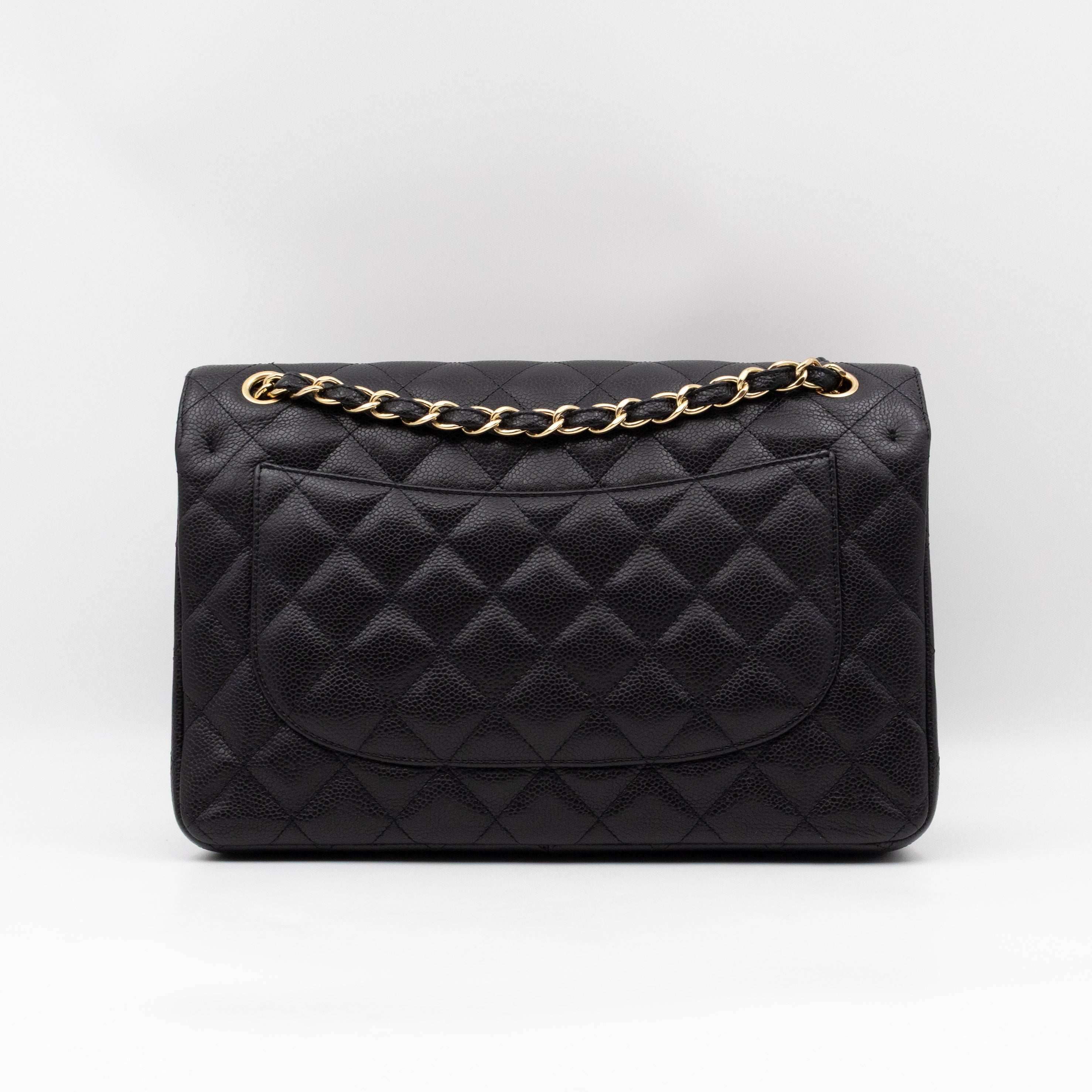 Classic Double Flap Jumbo Black Caviarskin Leather Gold