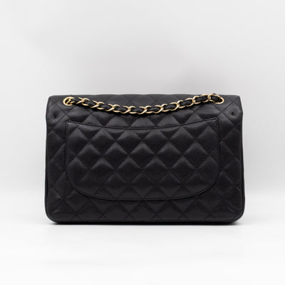 Classic Double Flap Jumbo Black Caviarskin Leather Gold