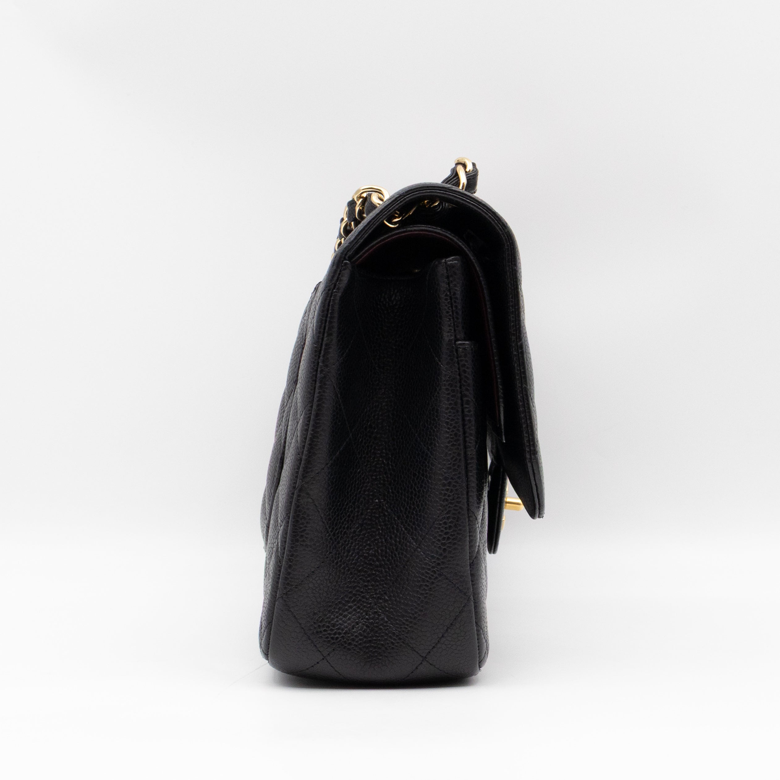 Classic Double Flap Jumbo Black Caviarskin Leather Gold