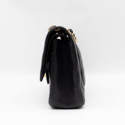 Classic Double Flap Jumbo Black Caviarskin Leather Gold