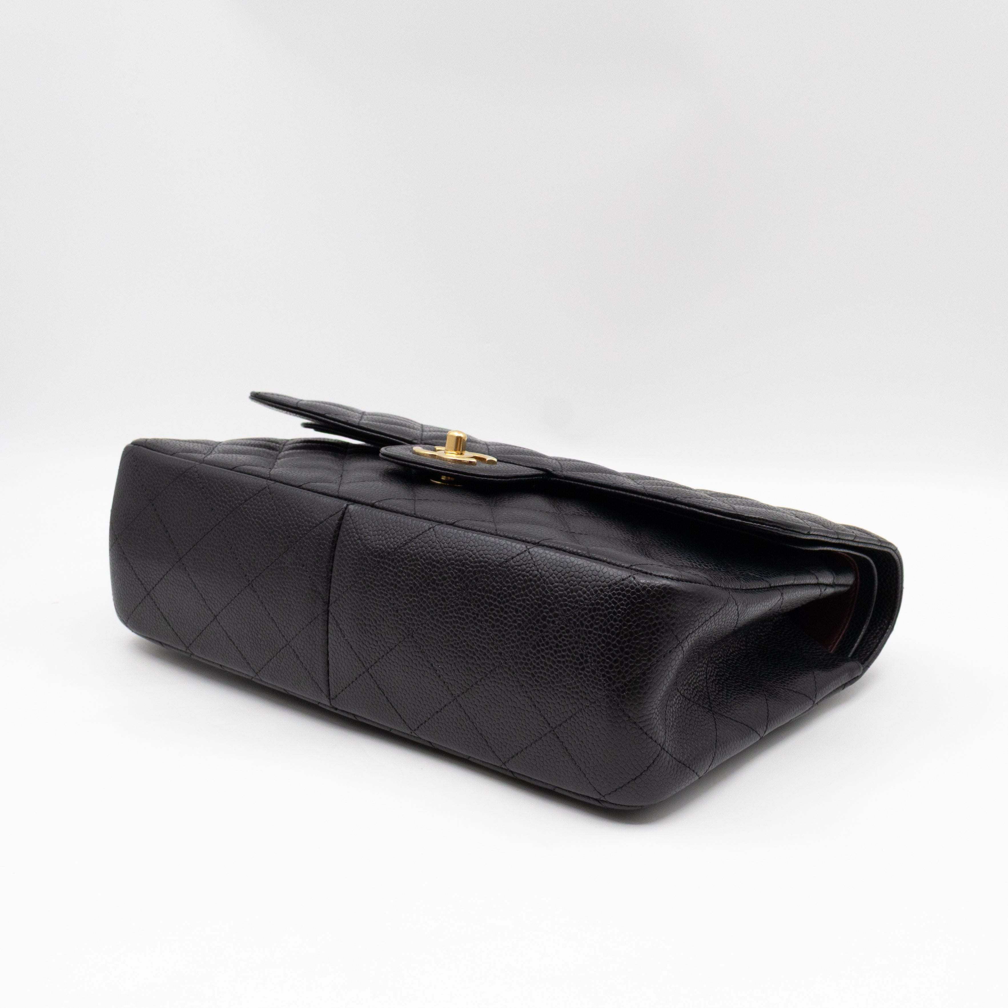 Classic Double Flap Jumbo Black Caviarskin Leather Gold