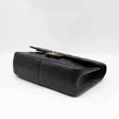 Classic Double Flap Jumbo Black Caviarskin Leather Gold