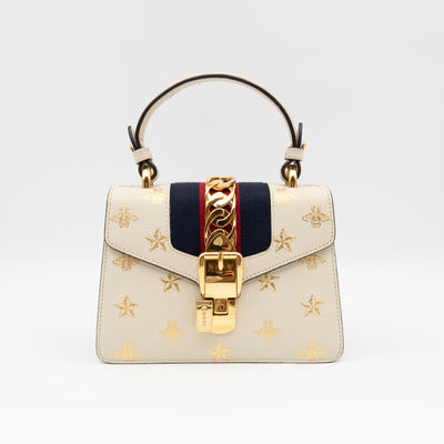 Sylvie Mini Top Handle Bag Bee Star White Leather