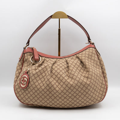 Sukey Medium Hobo Tote Bag Beige Diamante Canvas Pink