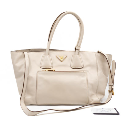 Shoulder Tote Bag White Vitello Daino Leather