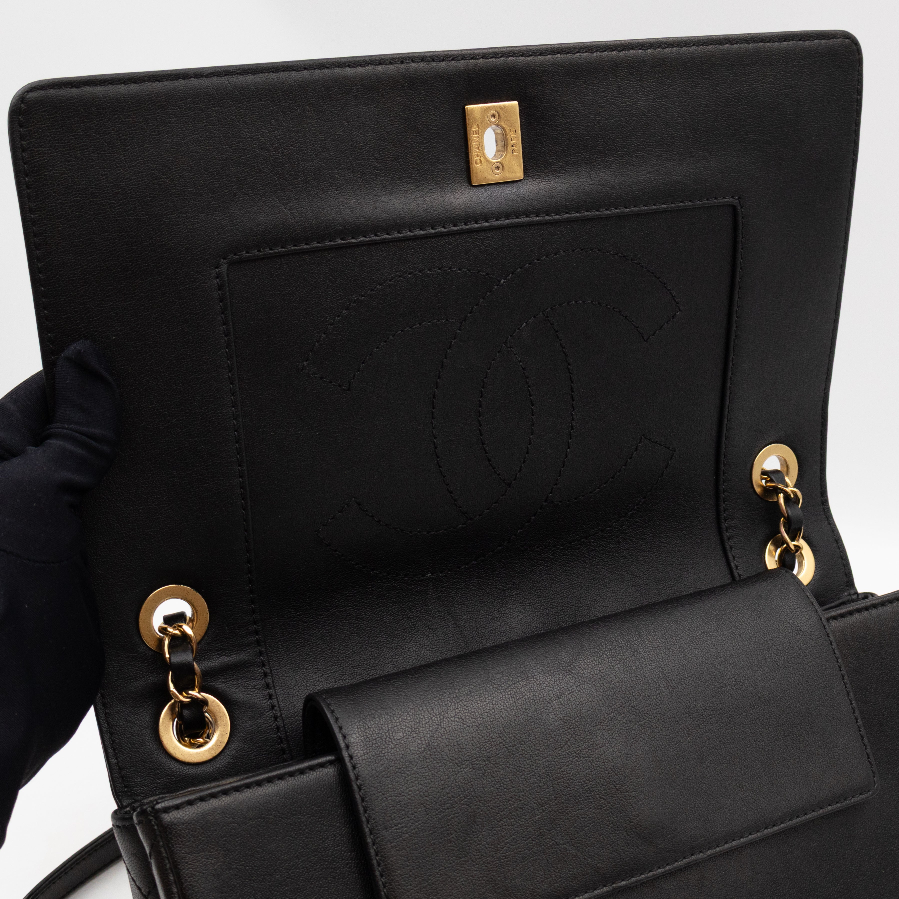 Mademoiselle Large Flap Bag Black Sheepskin Leather Gold