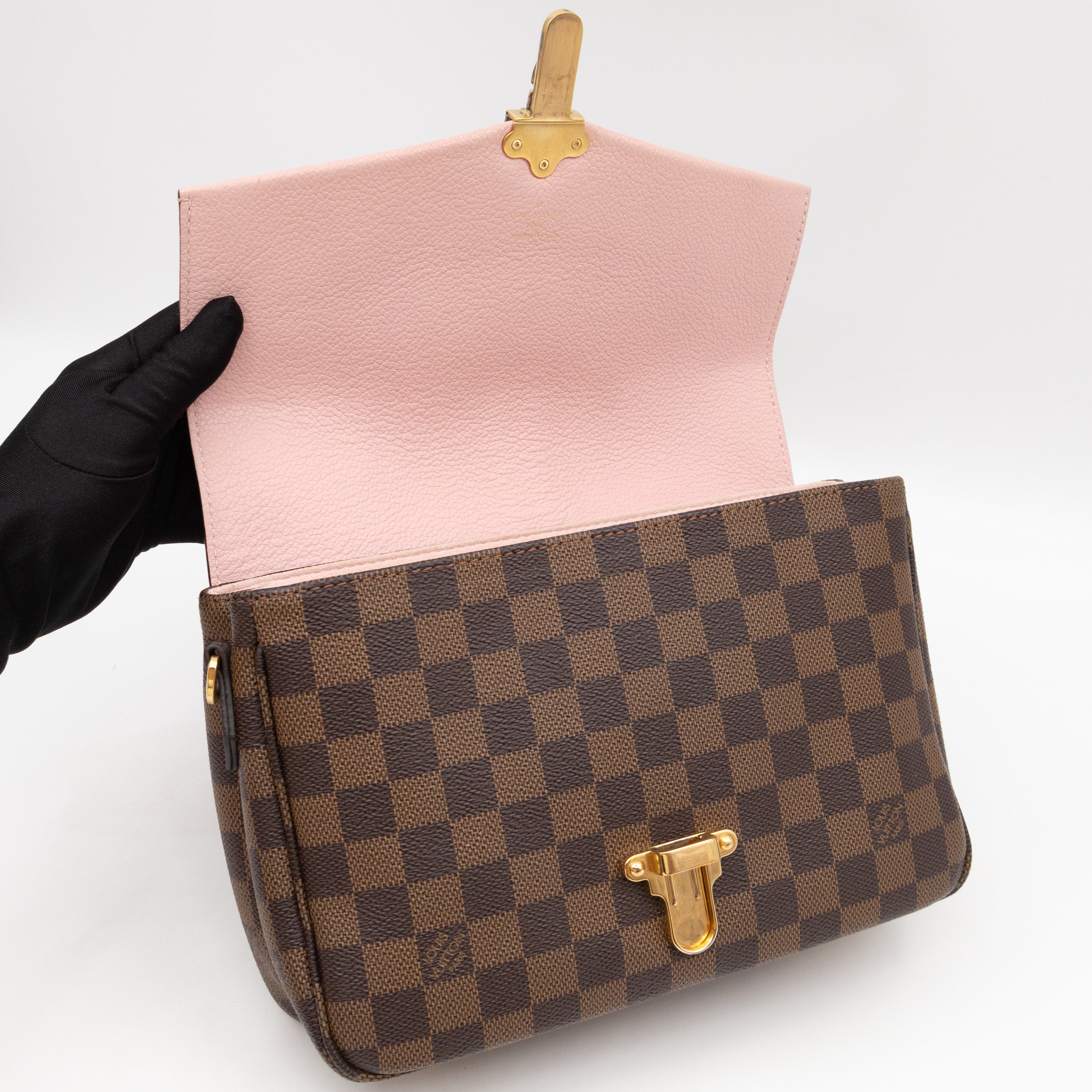 Clapton Crossbody Damier Ebene & Rose Ballerine Leather