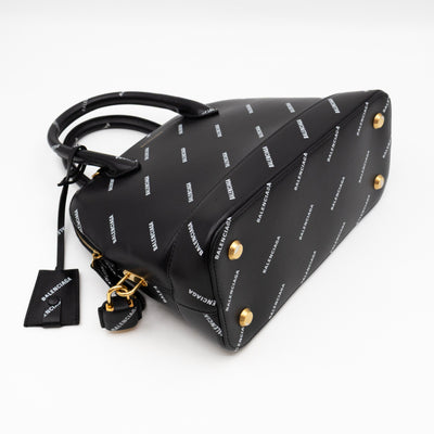 Ville Small Top Handle White Logo Print Black Leather