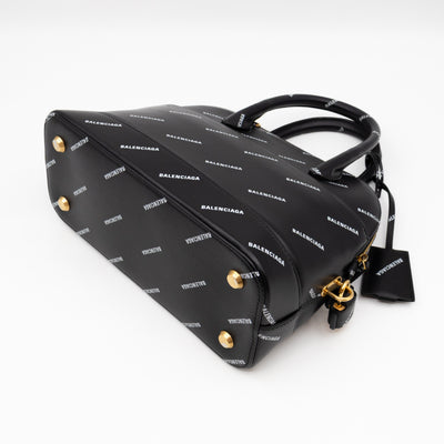 Ville Small Top Handle White Logo Print Black Leather