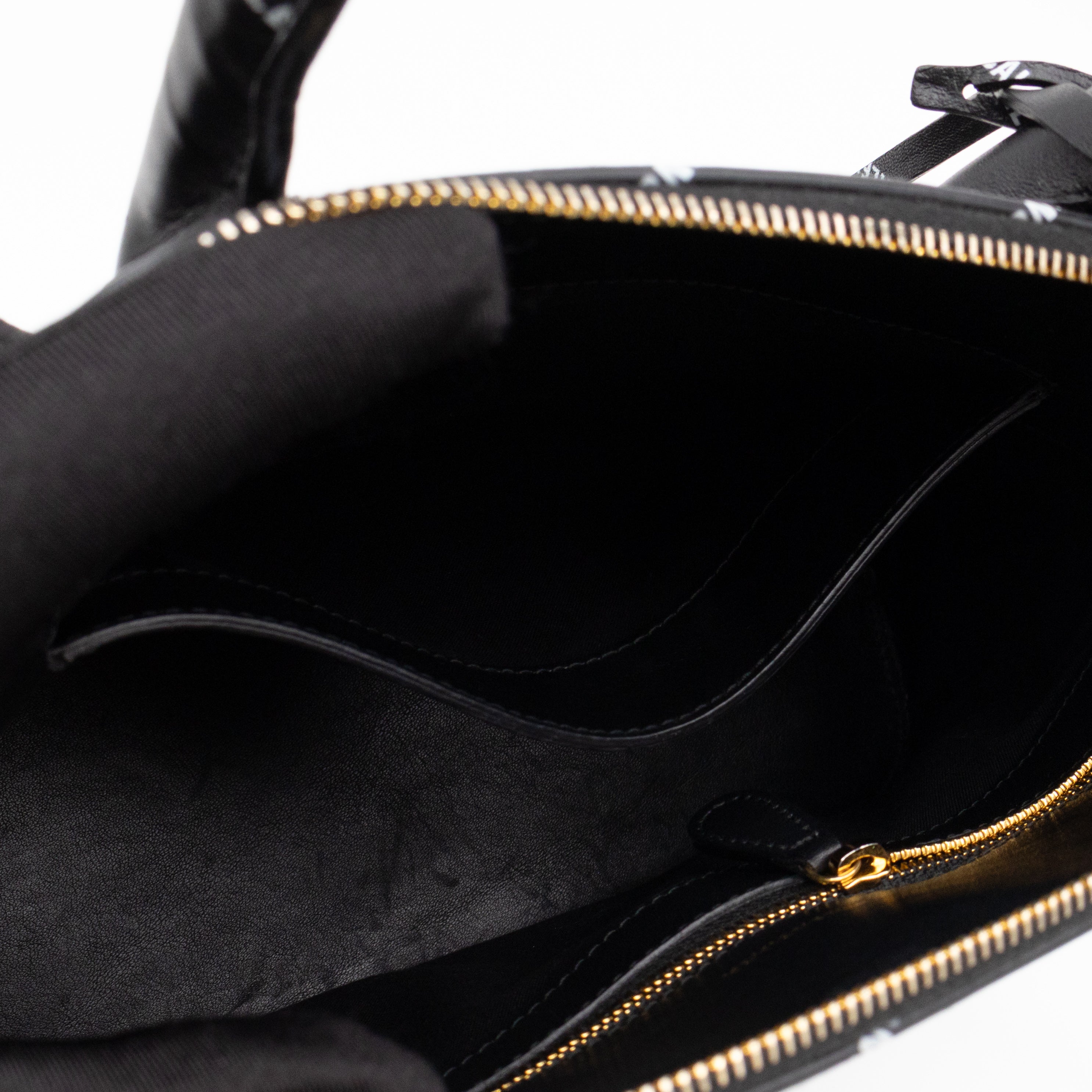 Ville Small Top Handle White Logo Print Black Leather