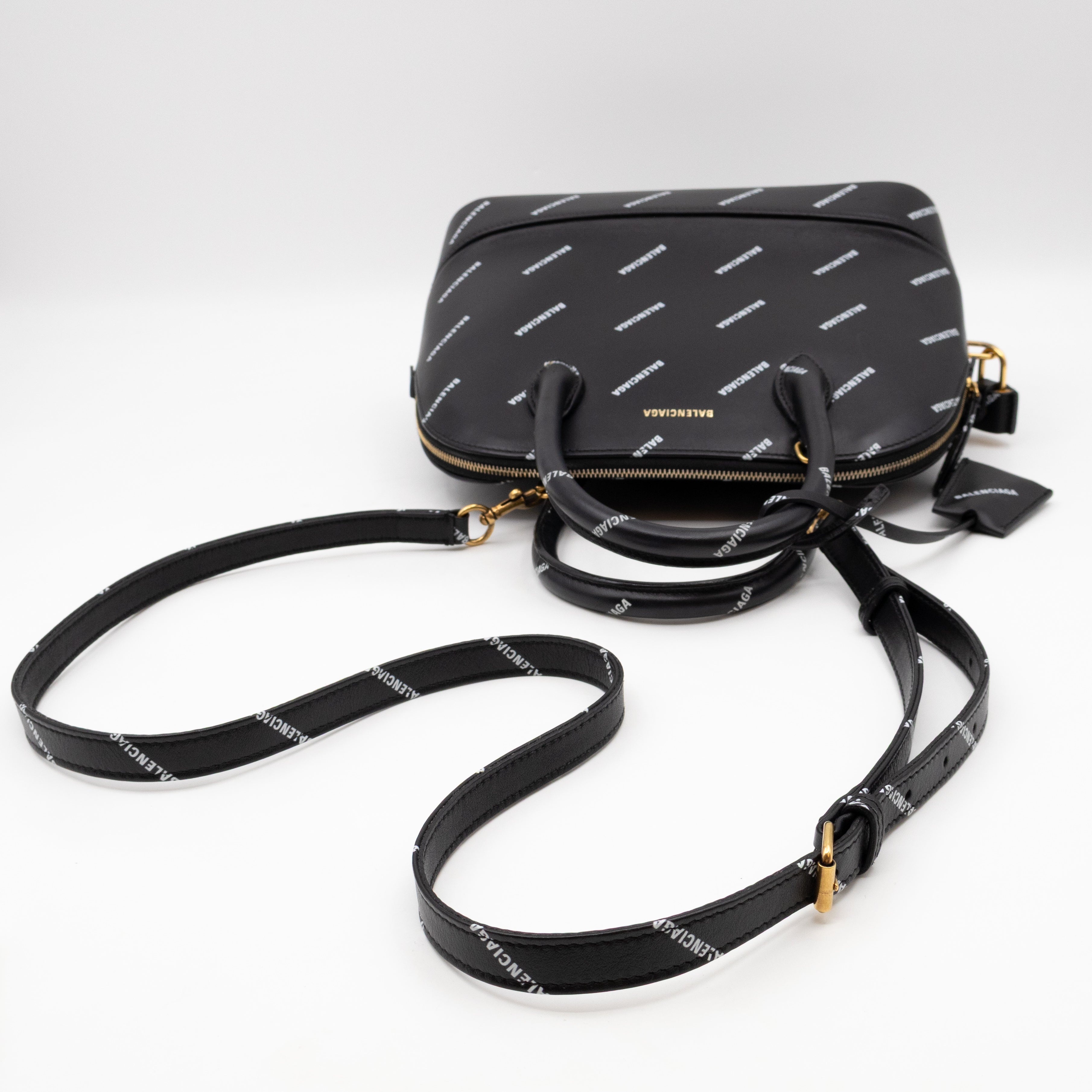 Ville Small Top Handle White Logo Print Black Leather