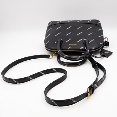 Ville Small Top Handle White Logo Print Black Leather