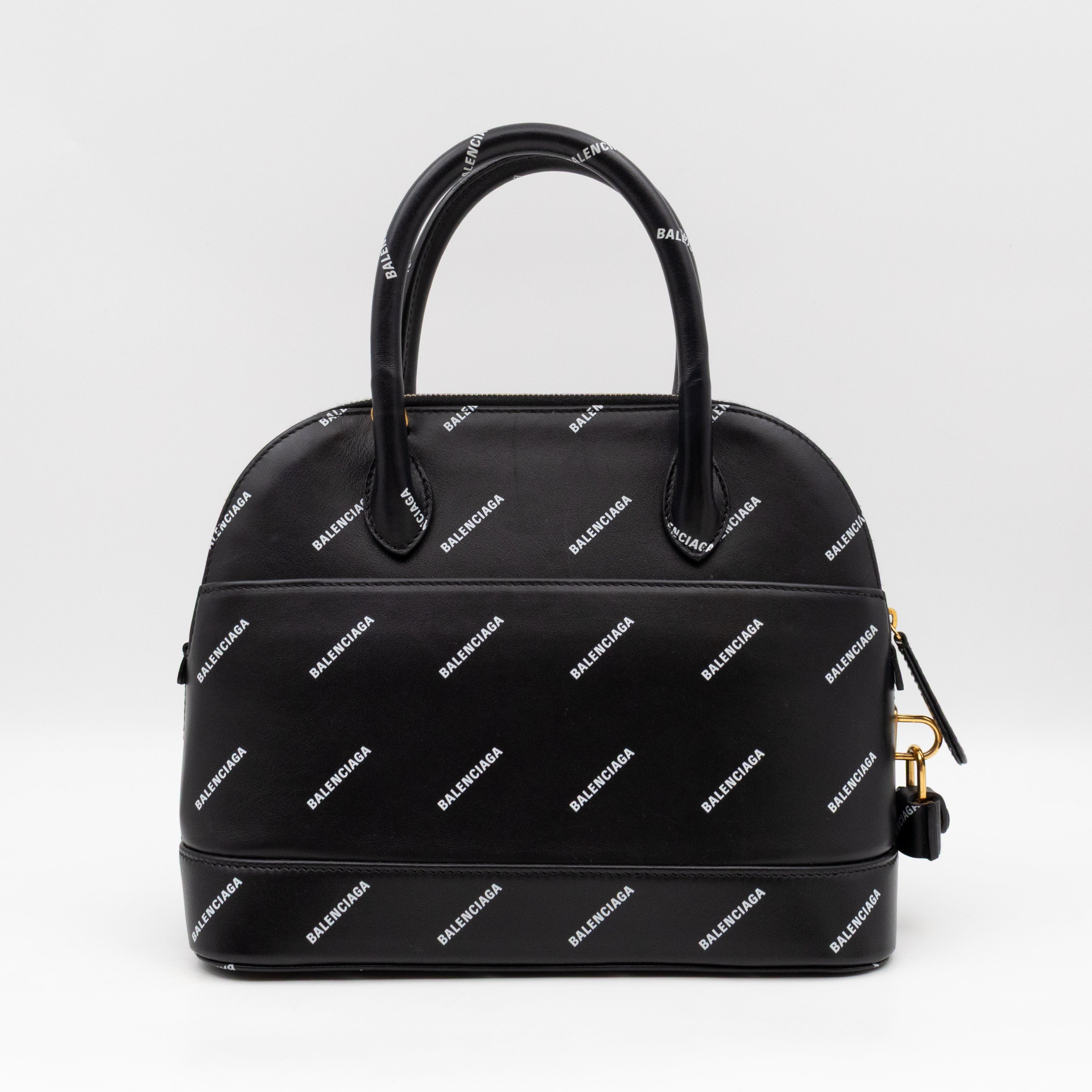 Ville Small Top Handle White Logo Print Black Leather