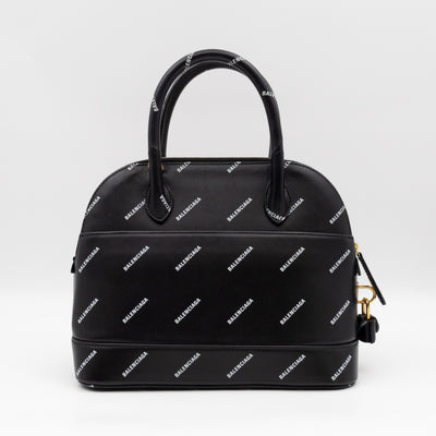 Ville Small Top Handle White Logo Print Black Leather