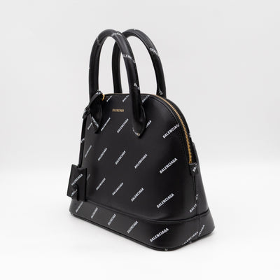 Ville Small Top Handle White Logo Print Black Leather