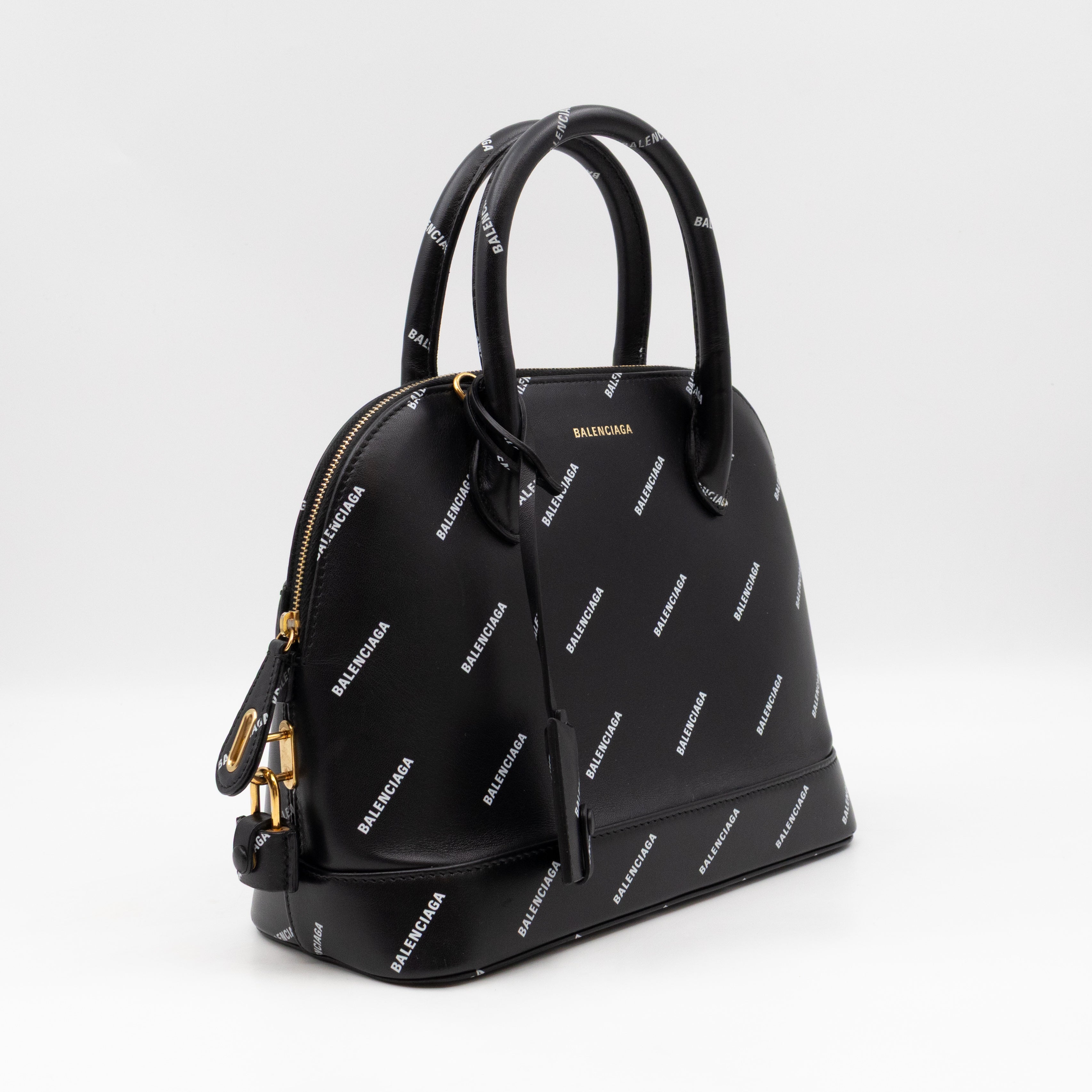 Ville Small Top Handle White Logo Print Black Leather