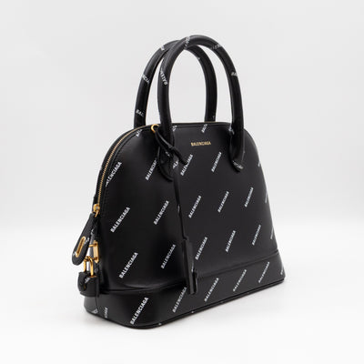 Ville Small Top Handle White Logo Print Black Leather