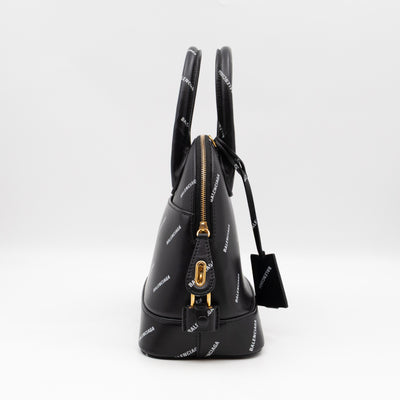 Ville Small Top Handle White Logo Print Black Leather