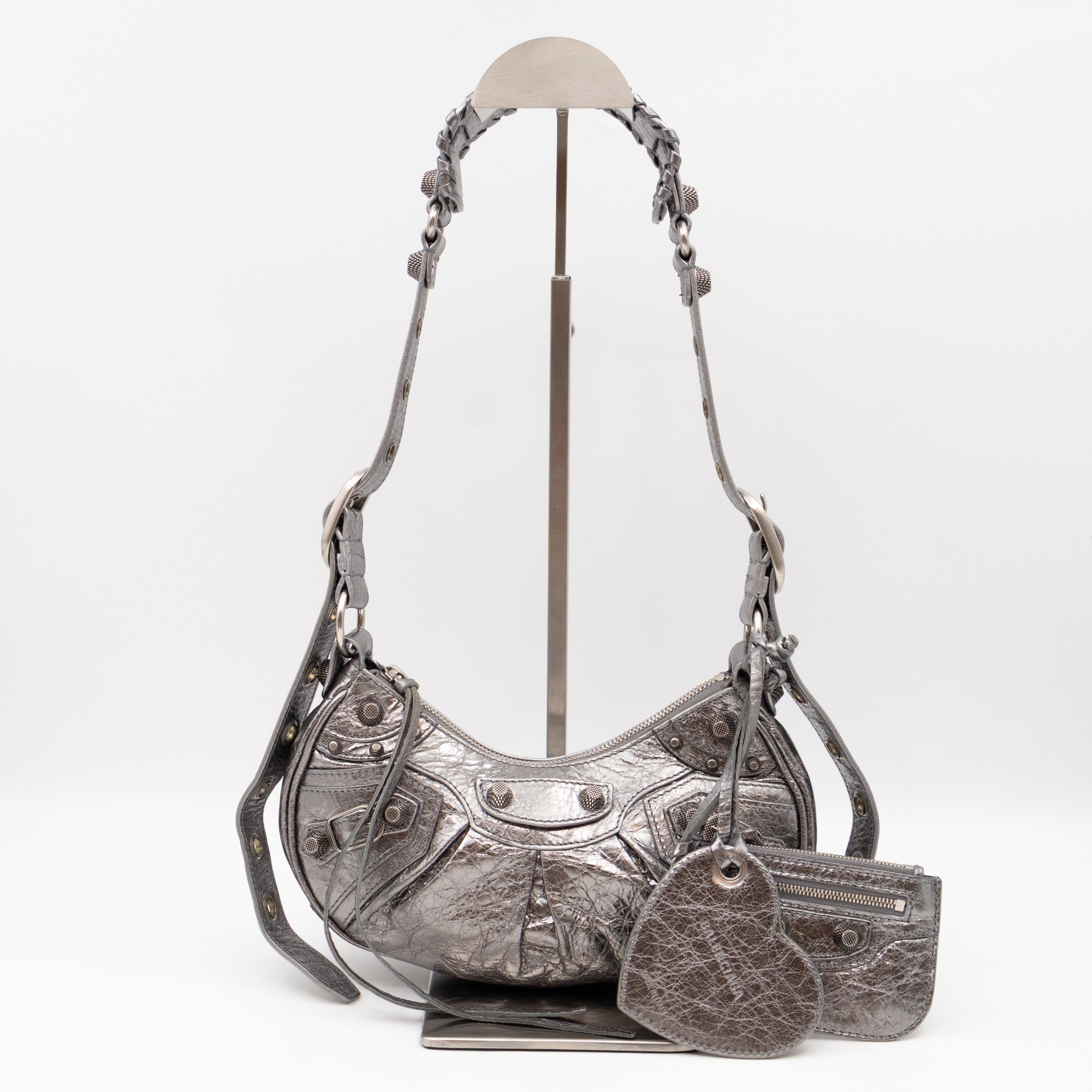 Le Cagole Shoulder Bag XS Silver Metallic Leather