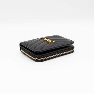 Cassandre Compact Zip Around Wallet Black Grained Leather