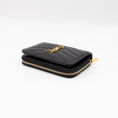Cassandre Compact Zip Around Wallet Black Grained Leather