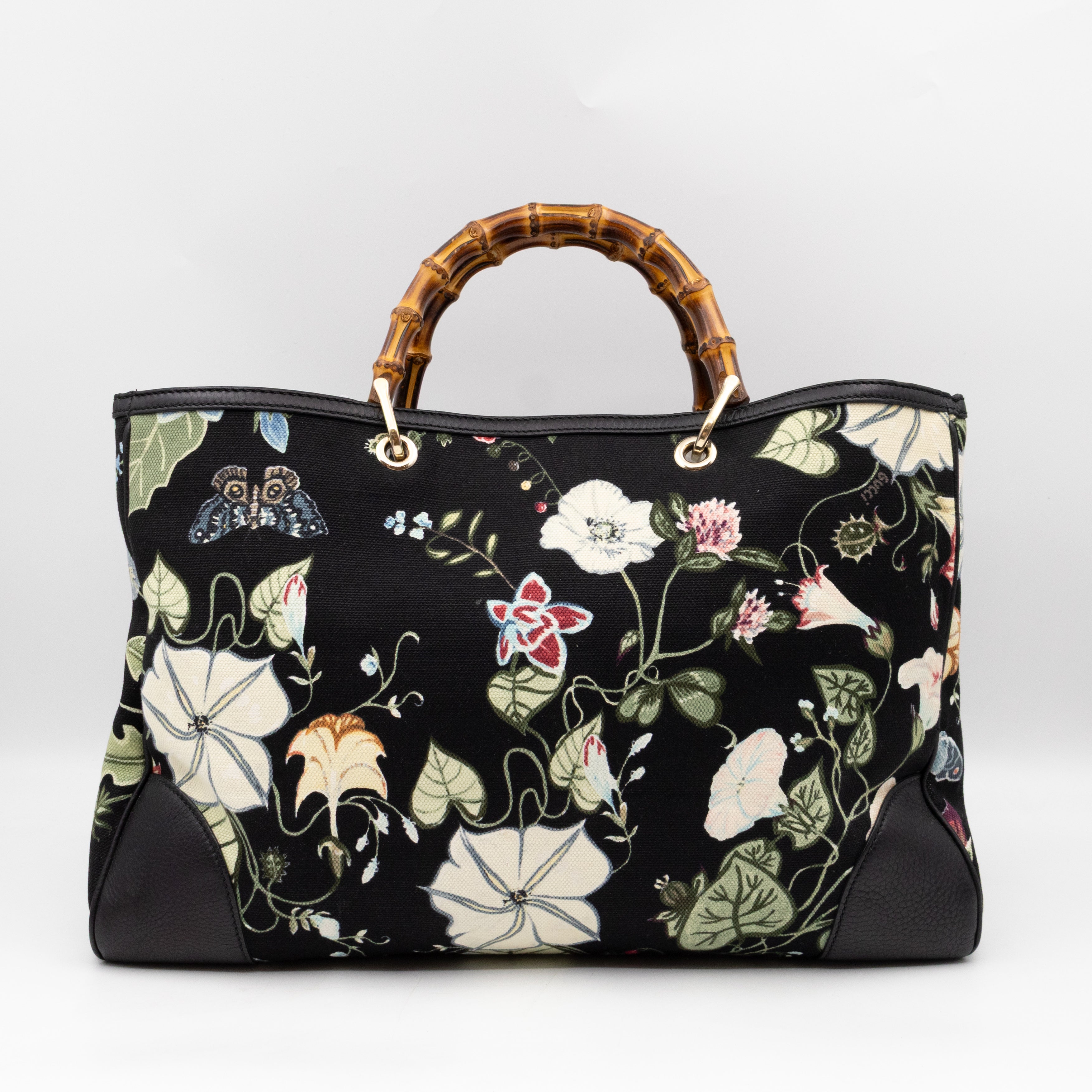 Large Bamboo Shopper Tote Bag Black Floral Canvas