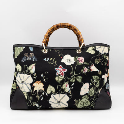 Large Bamboo Shopper Tote Bag Black Floral Canvas