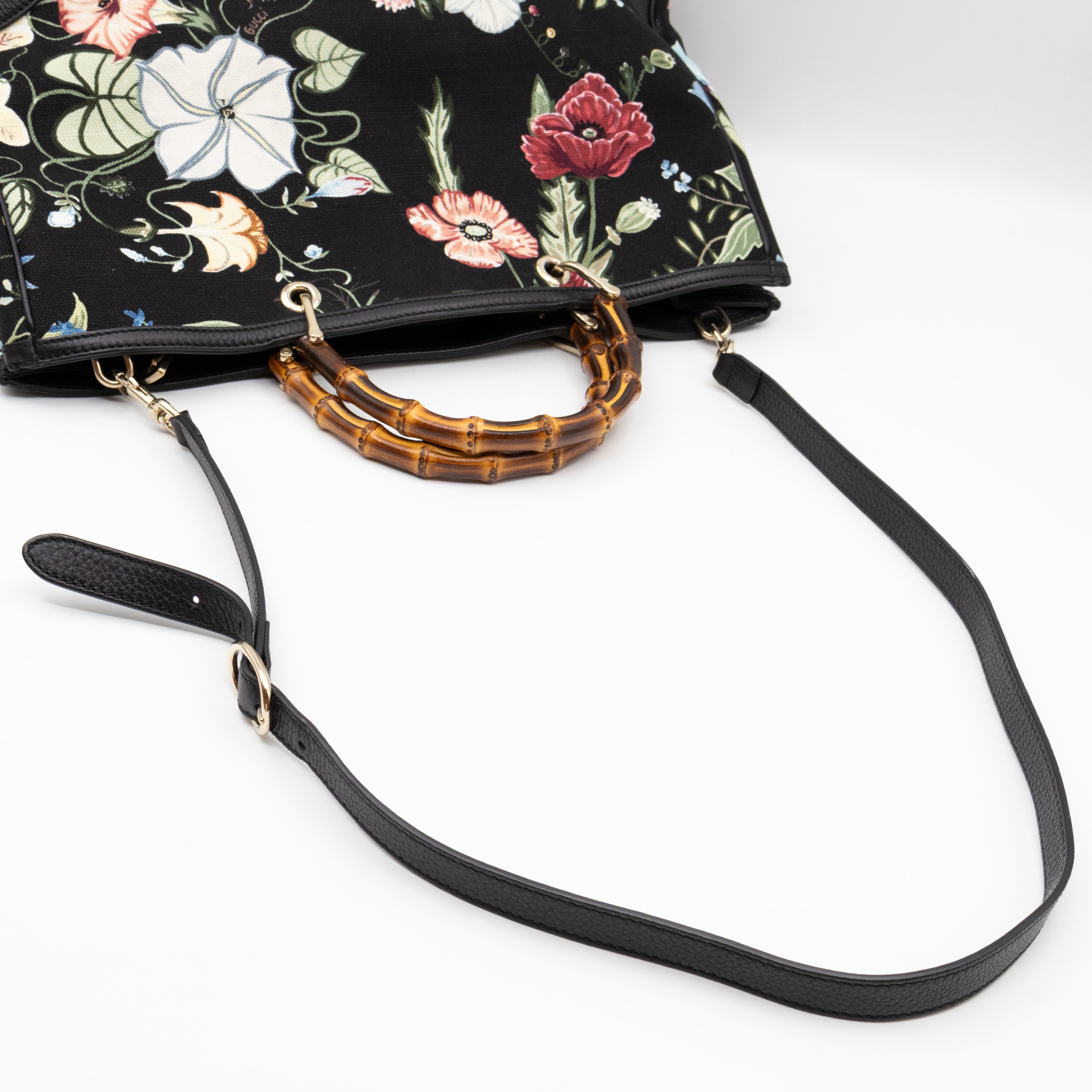 Large Bamboo Shopper Tote Bag Black Floral Canvas