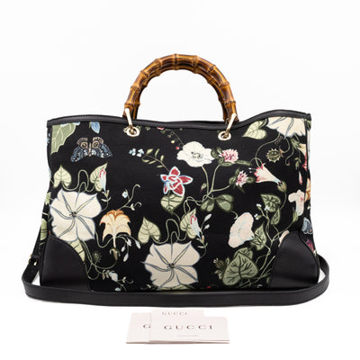 Large Bamboo Shopper Tote Bag Black Floral Canvas