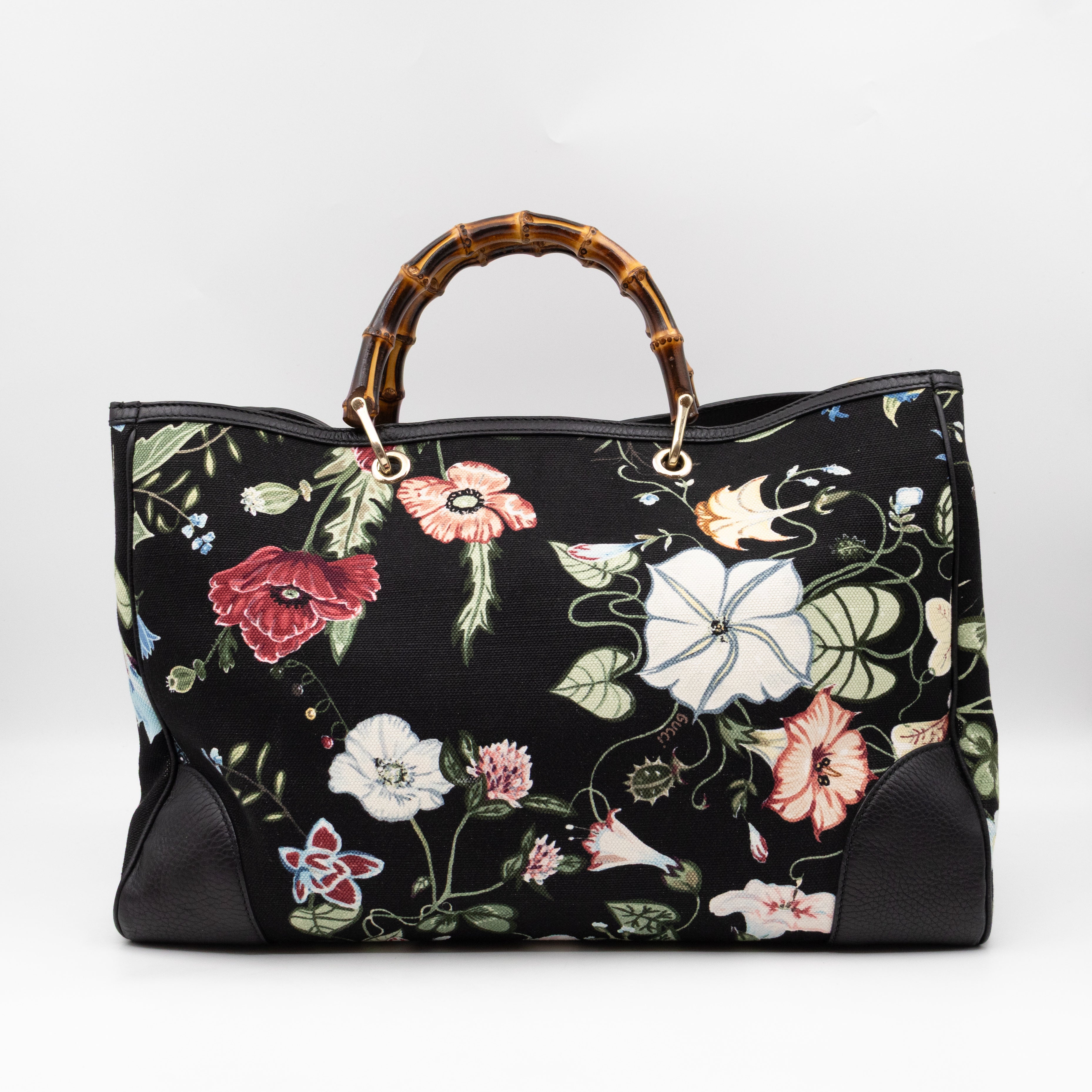 Large Bamboo Shopper Tote Bag Black Floral Canvas