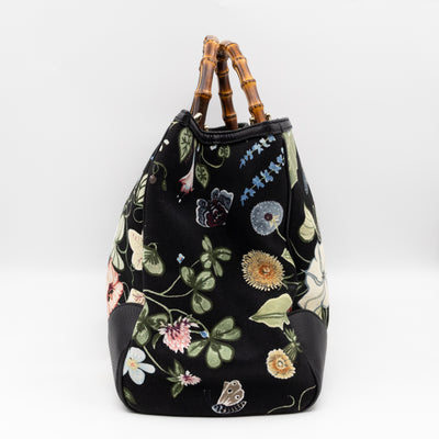Large Bamboo Shopper Tote Bag Black Floral Canvas
