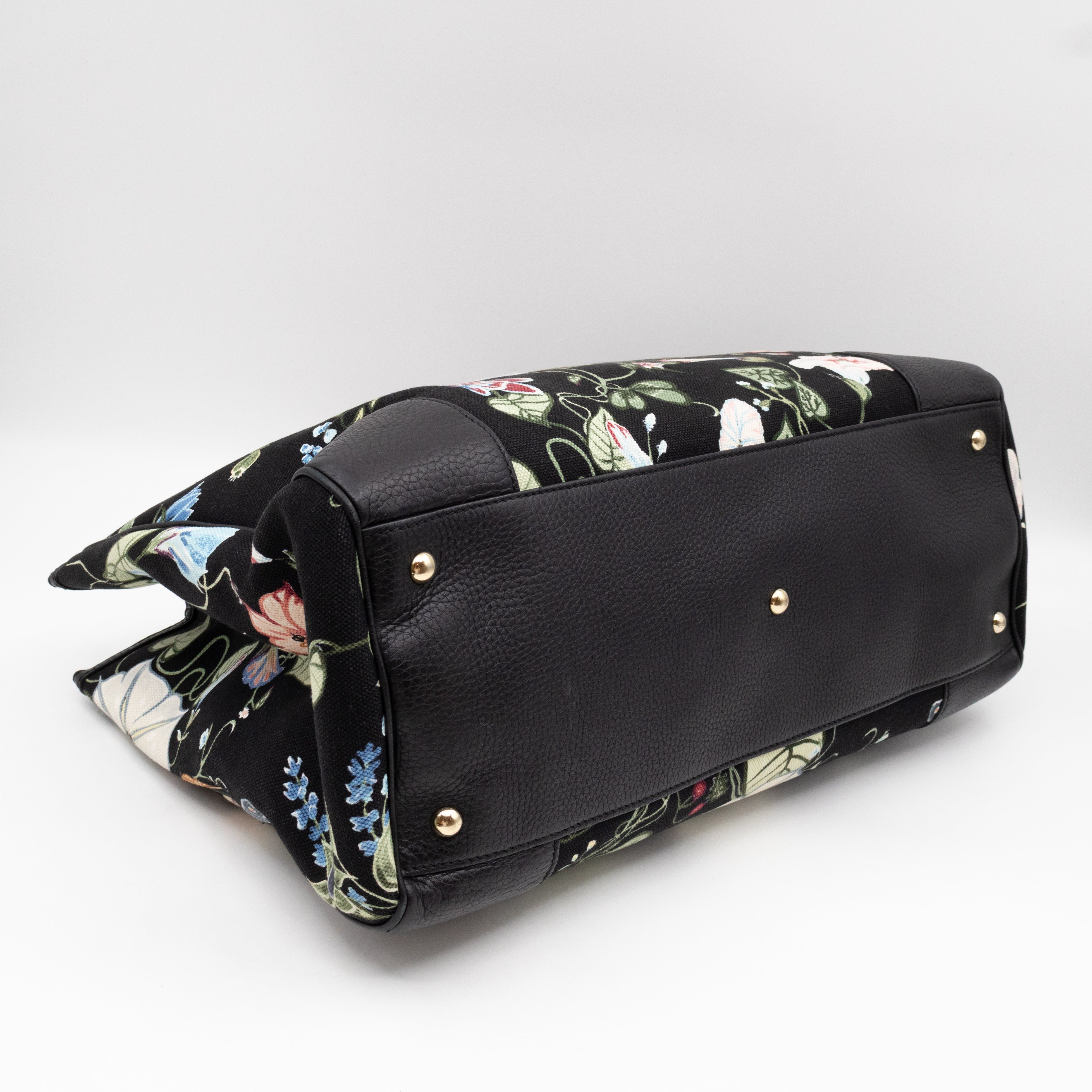 Large Bamboo Shopper Tote Bag Black Floral Canvas