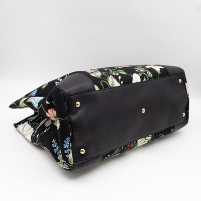 Large Bamboo Shopper Tote Bag Black Floral Canvas