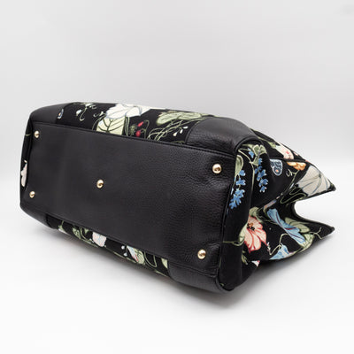 Large Bamboo Shopper Tote Bag Black Floral Canvas