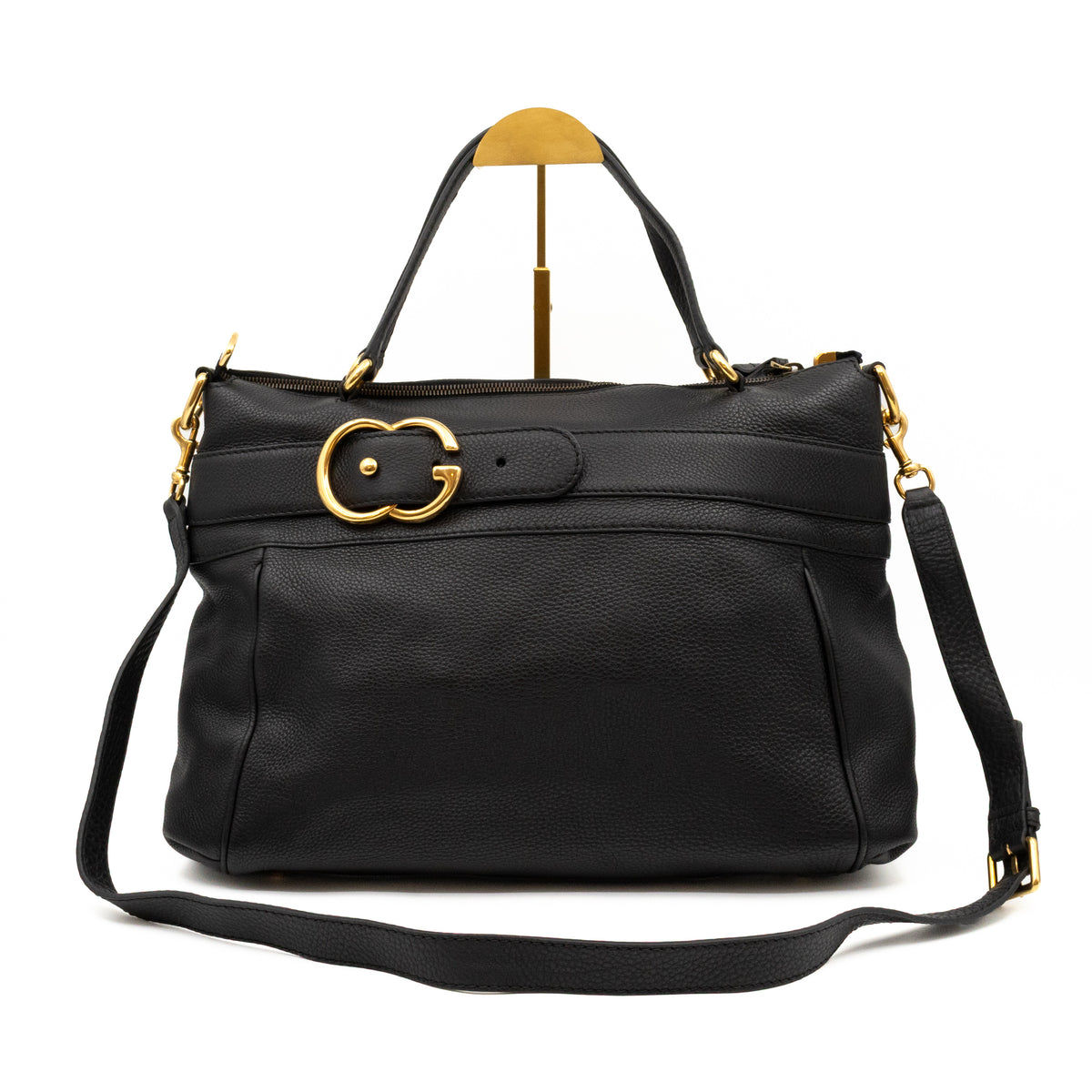 GG Ride Medium Top Handle Tote Bag Black Pebbled Calfskin Leather