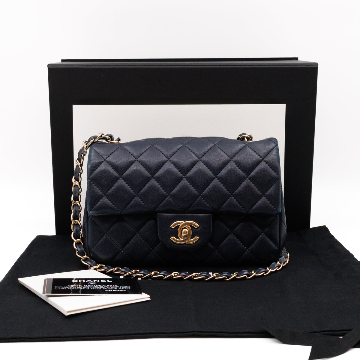 Classic Single Flap Mini Rectangular Navy Lambskin Leather