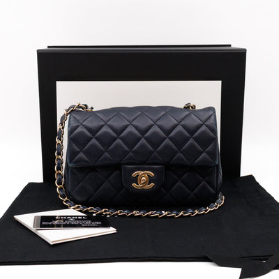 Classic Single Flap Mini Rectangular Navy Lambskin Leather