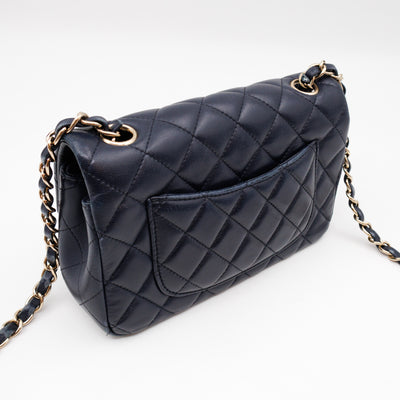 Classic Single Flap Mini Rectangular Navy Lambskin Leather