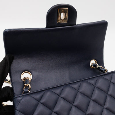 Classic Single Flap Mini Rectangular Navy Lambskin Leather