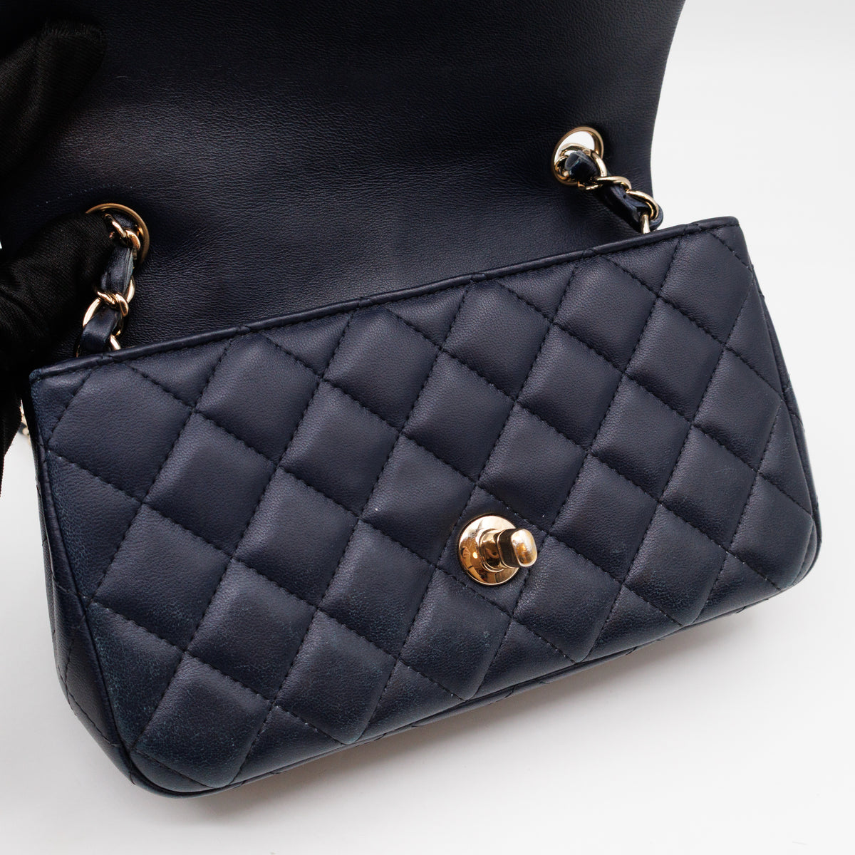 Classic Single Flap Mini Rectangular Navy Lambskin Leather