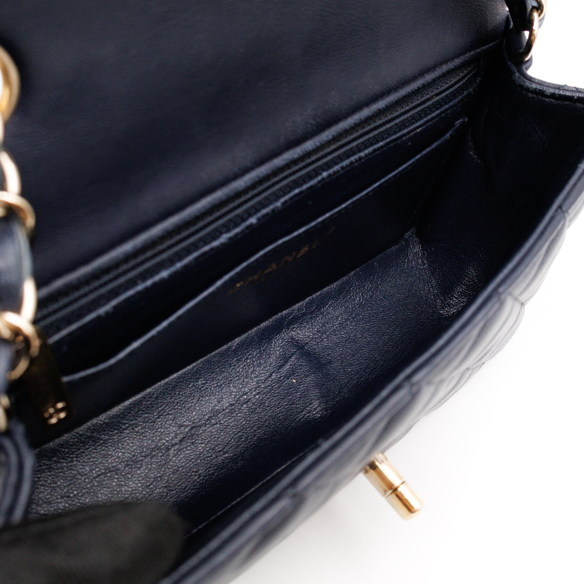 Classic Single Flap Mini Rectangular Navy Lambskin Leather