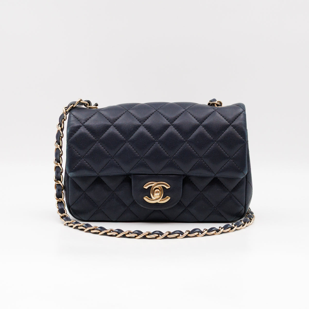 Classic Single Flap Mini Rectangular Navy Lambskin Leather